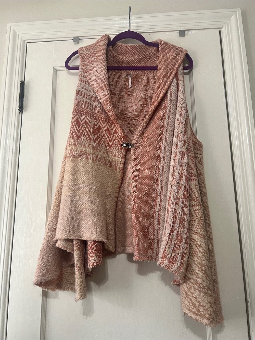Free People Hooded Knit Poncho in Dusty Rose and Cream